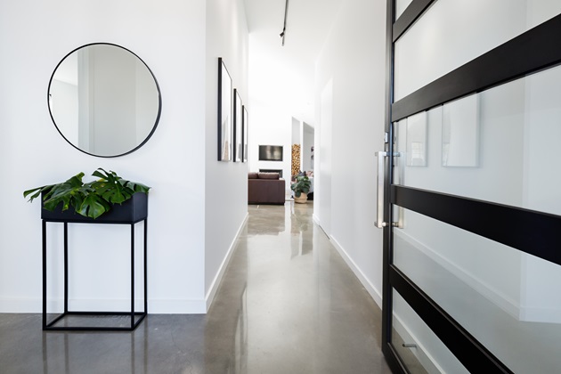 Open-plan office space with durable polished concrete flooring